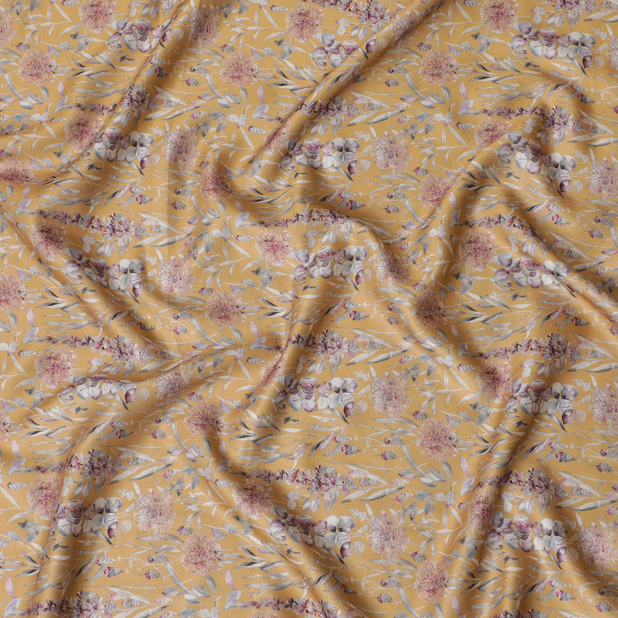 Elegant Blended Cotton Lawn Fabric - Mustard Yellow with Pink Floral Pattern, 140 cms Width-D19158