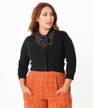 Plus Size Black Three-Quarter Sleeved Button Up Crop Cardigan
